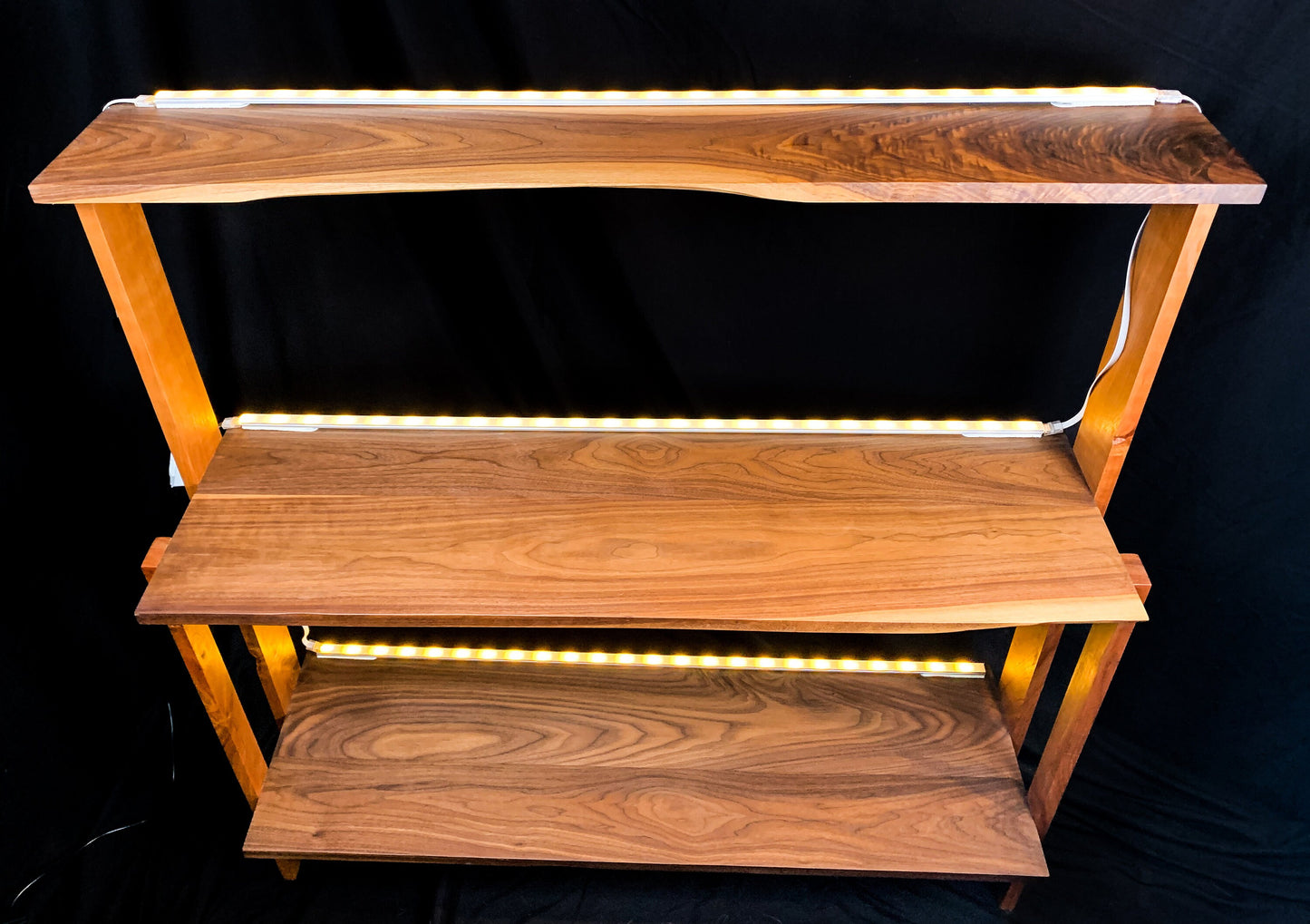 Cherry and Walnut Bar Shelf with RGB Backlighting | Wood Handmade Bookshelf | Modern Wood Bathroom Shelving | Live Edge Wood Oddities Shelf