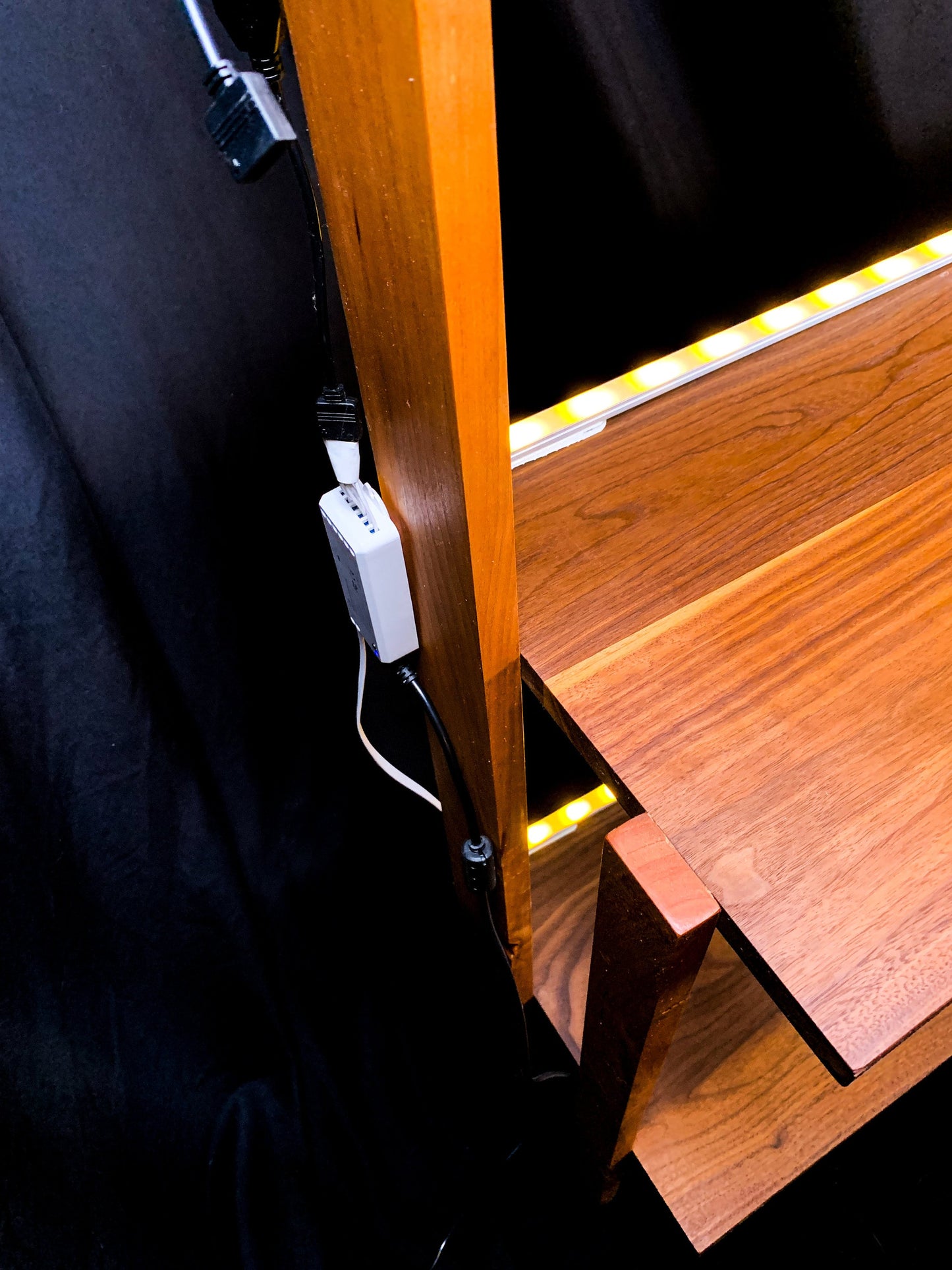 Cherry and Walnut Bar Shelf with RGB Backlighting | Wood Handmade Bookshelf | Modern Wood Bathroom Shelving | Live Edge Wood Oddities Shelf